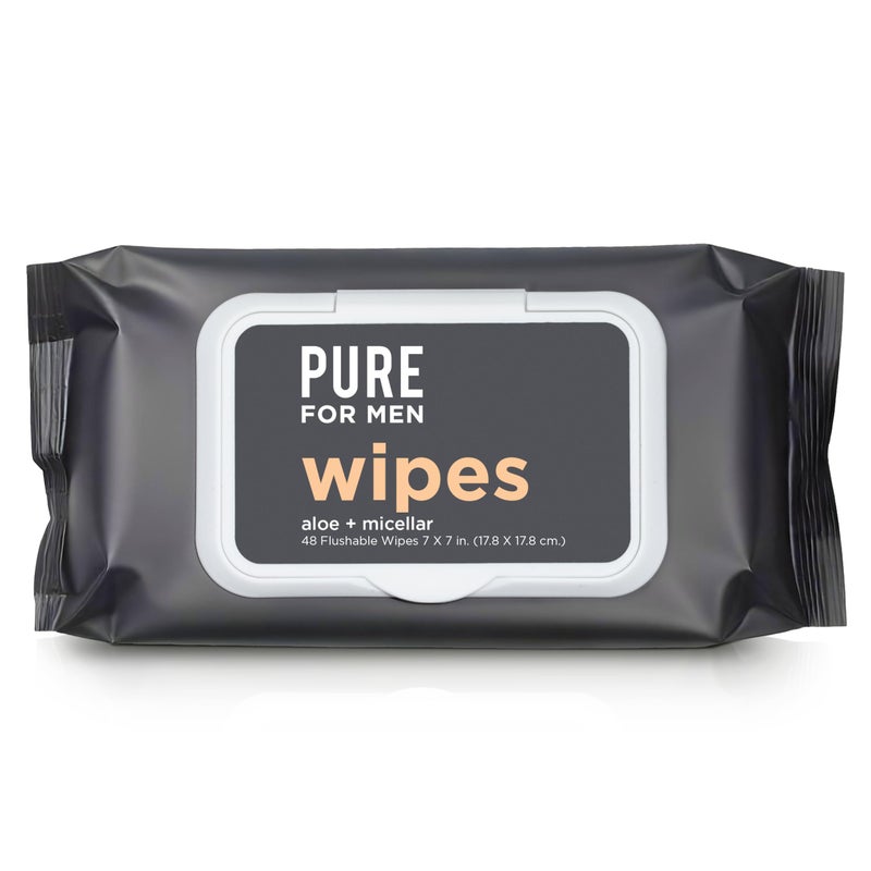 PURE FOR MEN بيور للرجال مناديل قابلة للتدفق | تساعد في القضاء على الروائح، 100% قابلة للتحلل الحيوي، خالية من البارابين والكحول | فيتامين E، ميزيلار وألوة فيرا | 48 قطعة - Image 1